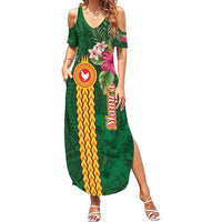 Personalised Manuʻa Islands Family Matching Summer Maxi Dress and Hawaiian Shirt Polynesian Style with Rooster Tattoo and Tropical Plants LT03 Mom's Dress Green - Polynesian Pride