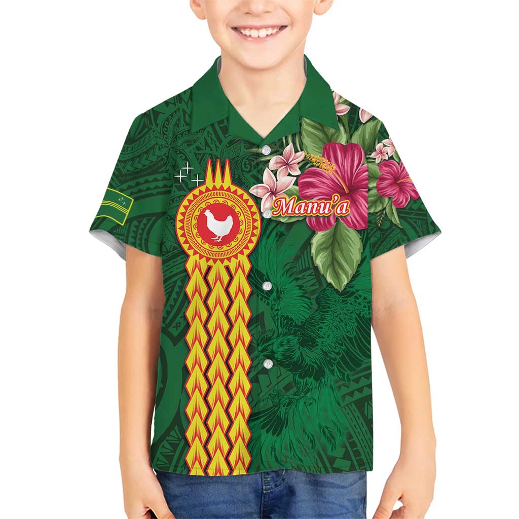 Personalised Manuʻa Islands Family Matching Summer Maxi Dress and Hawaiian Shirt Polynesian Style with Rooster Tattoo and Tropical Plants LT03 Son's Shirt Green - Polynesian Pride