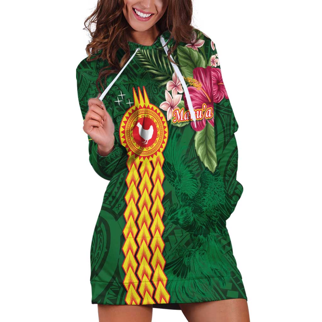 Personalised Manuʻa Islands Hoodie Dress Polynesian Style with Rooster Tattoo and Tropical Plants LT03 Green - Polynesian Pride
