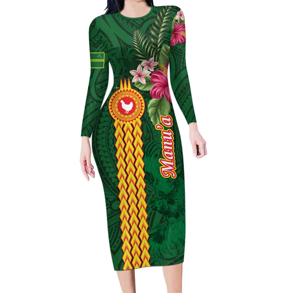 Personalised Manuʻa Islands Long Sleeve Bodycon Dress Polynesian Style with Rooster Tattoo and Tropical Plants LT03 Long Dress Green - Polynesian Pride