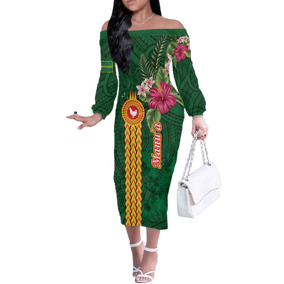 Personalised Manuʻa Islands Off The Shoulder Long Sleeve Dress Polynesian Style with Rooster Tattoo and Tropical Plants LT03 Women Green - Polynesian Pride