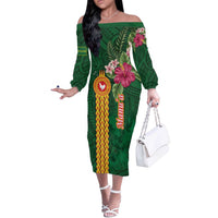 Personalised Manuʻa Islands Off The Shoulder Long Sleeve Dress Polynesian Style with Rooster Tattoo and Tropical Plants LT03 Women Green - Polynesian Pride