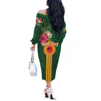 Personalised Manuʻa Islands Off The Shoulder Long Sleeve Dress Polynesian Style with Rooster Tattoo and Tropical Plants LT03 - Polynesian Pride