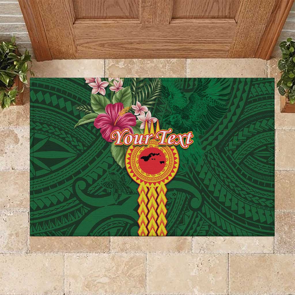 Manuʻa Islands Rubber Doormat Polynesian Style with Rooster Tattoo and Tropical Plants