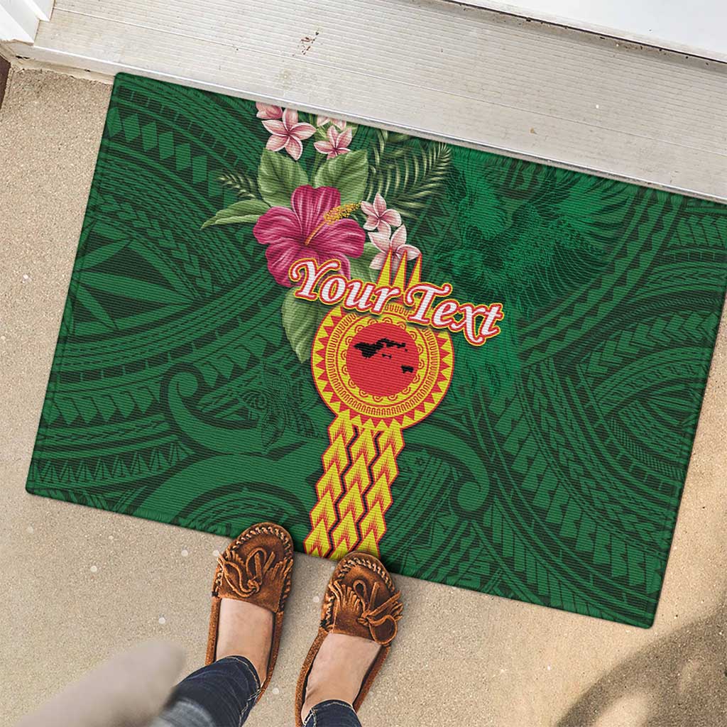 Manuʻa Islands Rubber Doormat Polynesian Style with Rooster Tattoo and Tropical Plants
