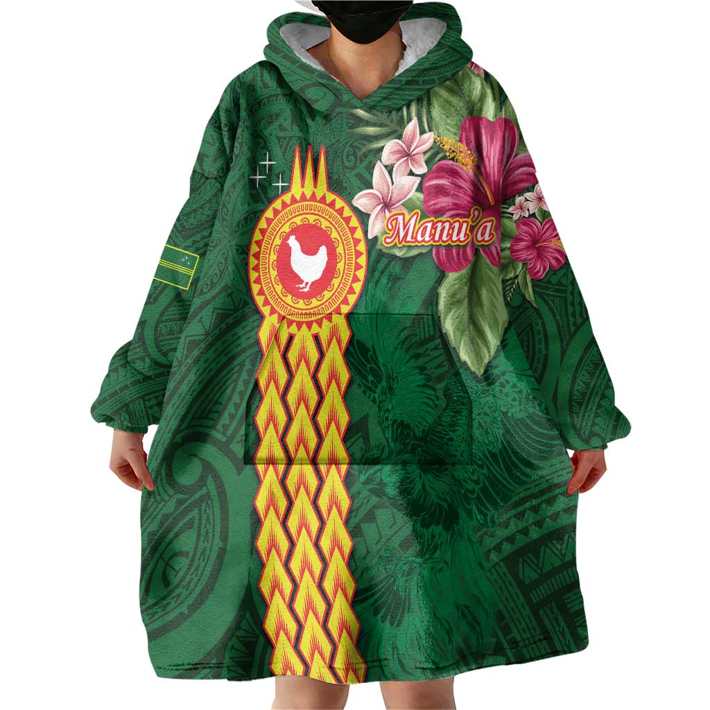 Personalised Manuʻa Islands Wearable Blanket Hoodie Polynesian Style with Rooster Tattoo and Tropical Plants LT03 - Polynesian Pride