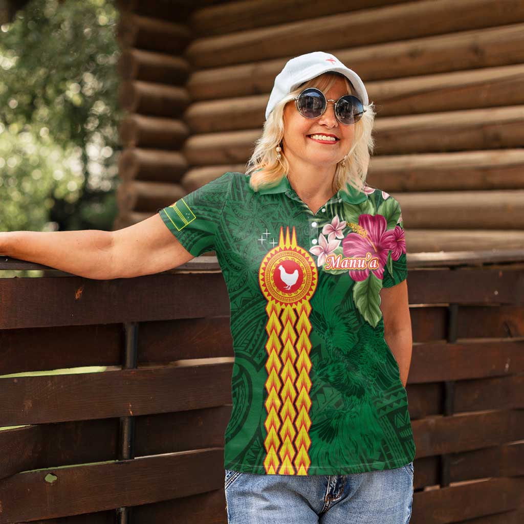 Manuʻa Islands Women Polo Shirt Polynesian Style with Rooster Tattoo and Tropical Plants