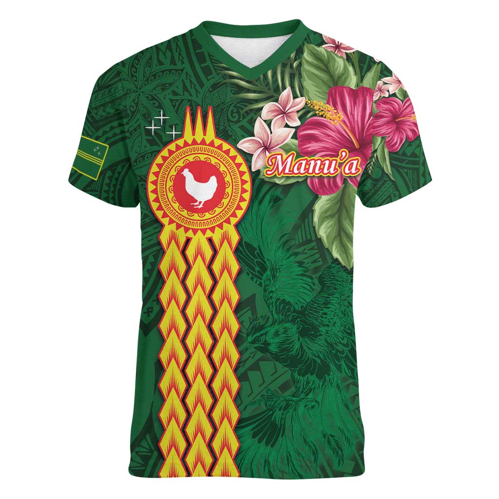 Personalised Manuʻa Islands Women V-Neck T-Shirt Polynesian Style with Rooster Tattoo and Tropical Plants LT03 Female Green - Polynesian Pride