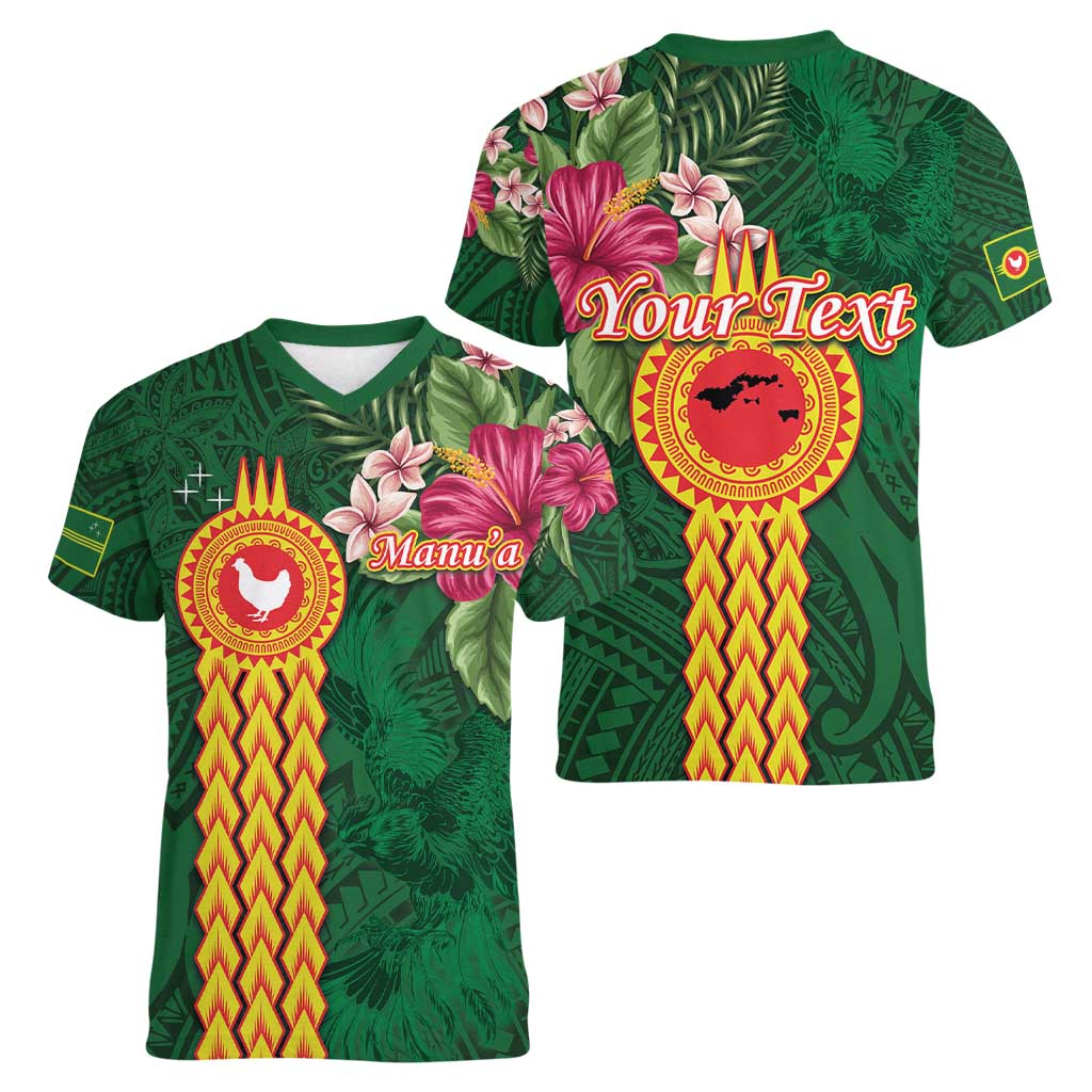 Personalised Manuʻa Islands Women V-Neck T-Shirt Polynesian Style with Rooster Tattoo and Tropical Plants LT03 - Polynesian Pride