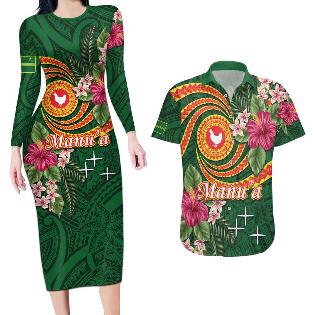 Personalised Manuʻa Islands Couples Matching Long Sleeve Bodycon Dress and Hawaiian Shirt Polynesian Art Tattoo Style and Tropical Plants LT03 Green - Polynesian Pride