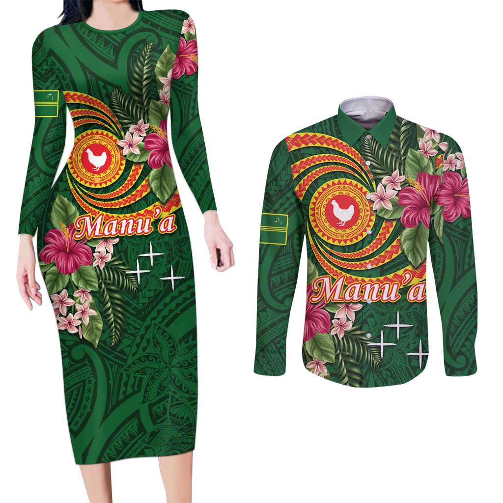 Manuʻa Islands Couples Matching Long Sleeve Bodycon Dress and Long Sleeve Button Shirt Polynesian Art Tattoo Style and Tropical Plants