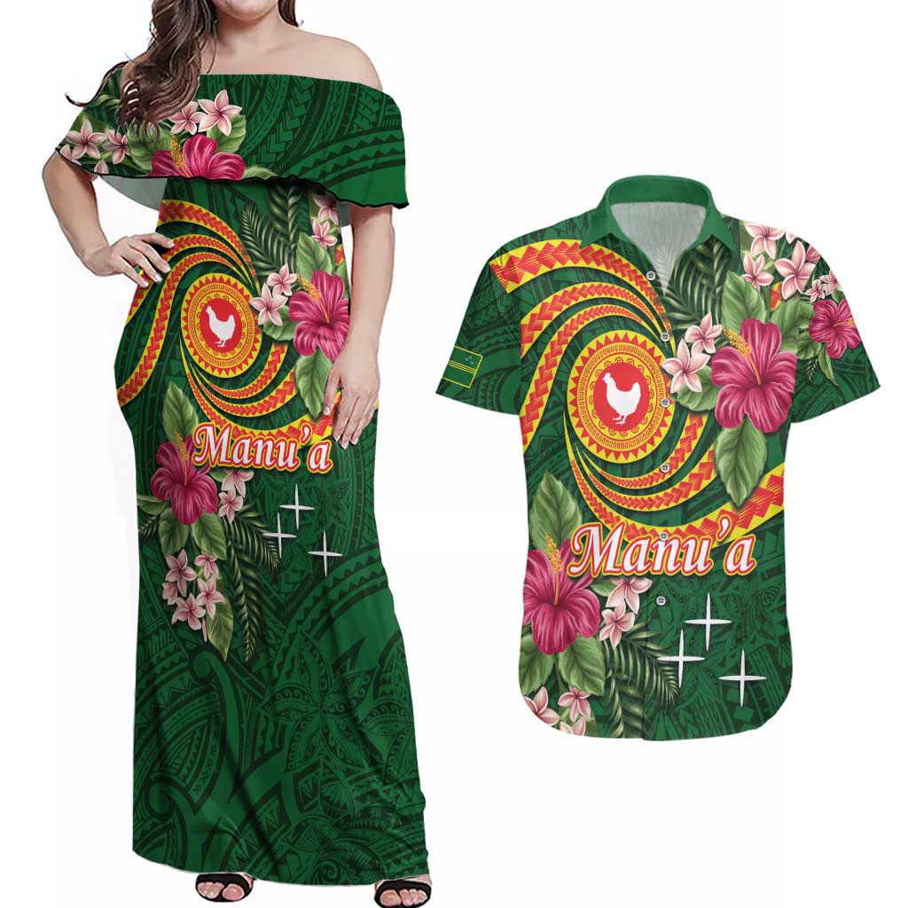 Personalised Manuʻa Islands Couples Matching Off Shoulder Maxi Dress and Hawaiian Shirt Polynesian Art Tattoo Style and Tropical Plants LT03 Green - Polynesian Pride