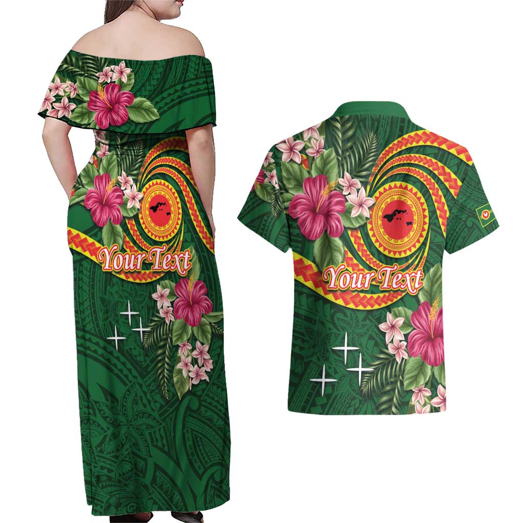 Personalised Manuʻa Islands Couples Matching Off Shoulder Maxi Dress and Hawaiian Shirt Polynesian Art Tattoo Style and Tropical Plants LT03 - Polynesian Pride