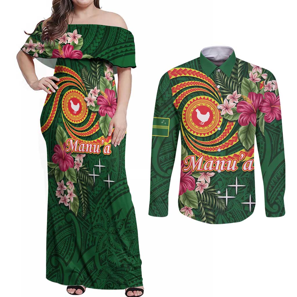 Personalised Manuʻa Islands Couples Matching Off Shoulder Maxi Dress and Long Sleeve Button Shirt Polynesian Art Tattoo Style and Tropical Plants LT03 Green - Polynesian Pride
