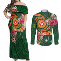Personalised Manuʻa Islands Couples Matching Off Shoulder Maxi Dress and Long Sleeve Button Shirt Polynesian Art Tattoo Style and Tropical Plants LT03 Green - Polynesian Pride