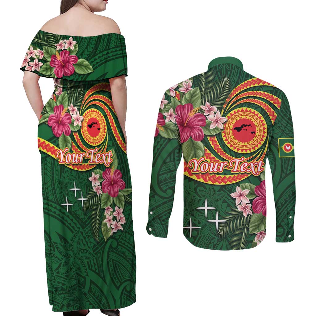 Personalised Manuʻa Islands Couples Matching Off Shoulder Maxi Dress and Long Sleeve Button Shirt Polynesian Art Tattoo Style and Tropical Plants LT03 - Polynesian Pride