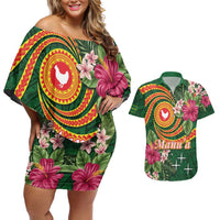Personalised Manuʻa Islands Couples Matching Off Shoulder Short Dress and Hawaiian Shirt Polynesian Art Tattoo Style and Tropical Plants LT03 Green - Polynesian Pride