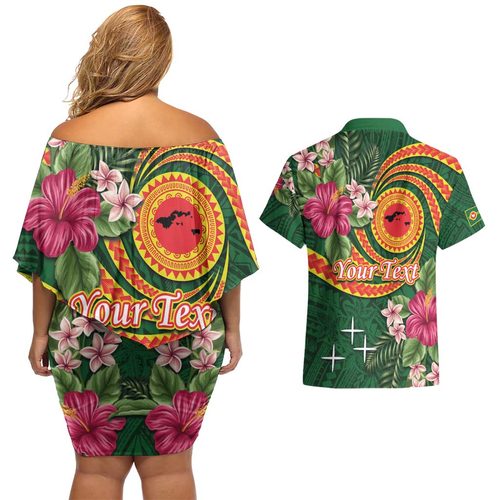 Personalised Manuʻa Islands Couples Matching Off Shoulder Short Dress and Hawaiian Shirt Polynesian Art Tattoo Style and Tropical Plants LT03 - Polynesian Pride