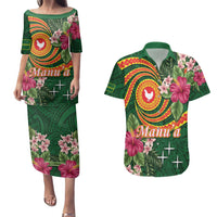 Personalised Manuʻa Islands Couples Matching Puletasi and Hawaiian Shirt Polynesian Art Tattoo Style and Tropical Plants LT03 Green - Polynesian Pride
