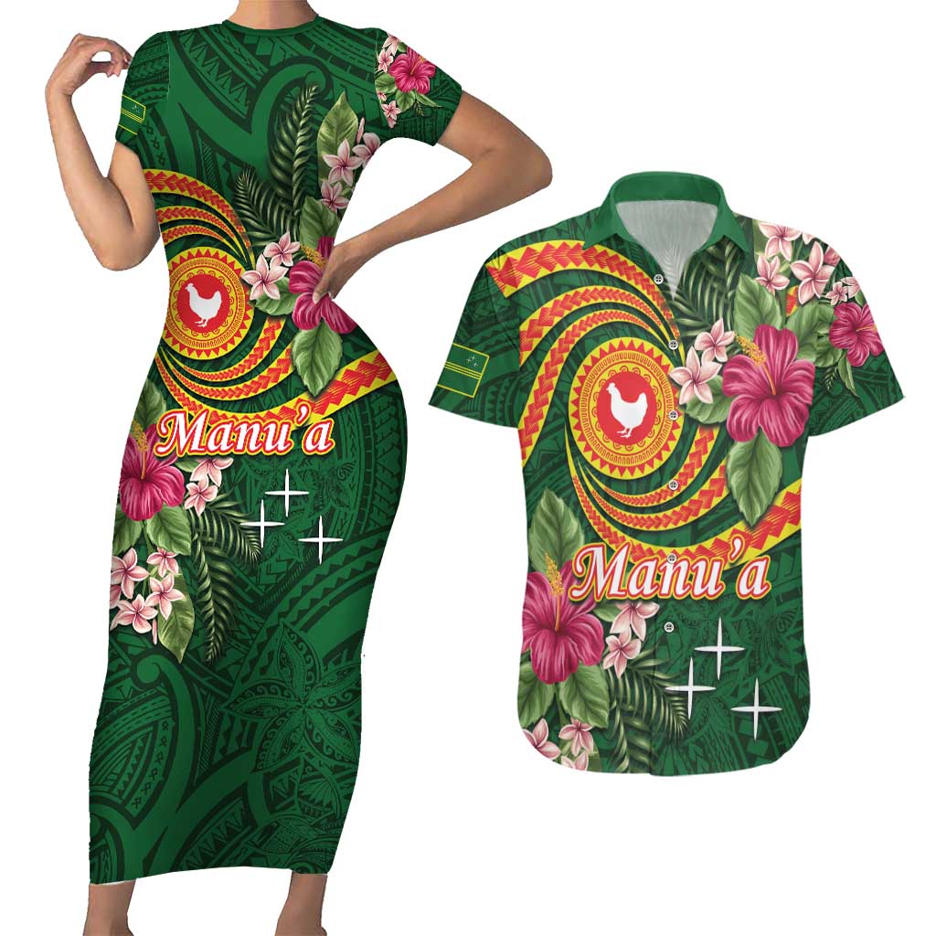 Personalised Manuʻa Islands Couples Matching Short Sleeve Bodycon Dress and Hawaiian Shirt Polynesian Art Tattoo Style and Tropical Plants LT03 Green - Polynesian Pride