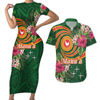 Personalised Manuʻa Islands Couples Matching Short Sleeve Bodycon Dress and Hawaiian Shirt Polynesian Art Tattoo Style and Tropical Plants LT03 Green - Polynesian Pride
