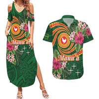 Personalised Manuʻa Islands Couples Matching Summer Maxi Dress and Hawaiian Shirt Polynesian Art Tattoo Style and Tropical Plants LT03 Green - Polynesian Pride