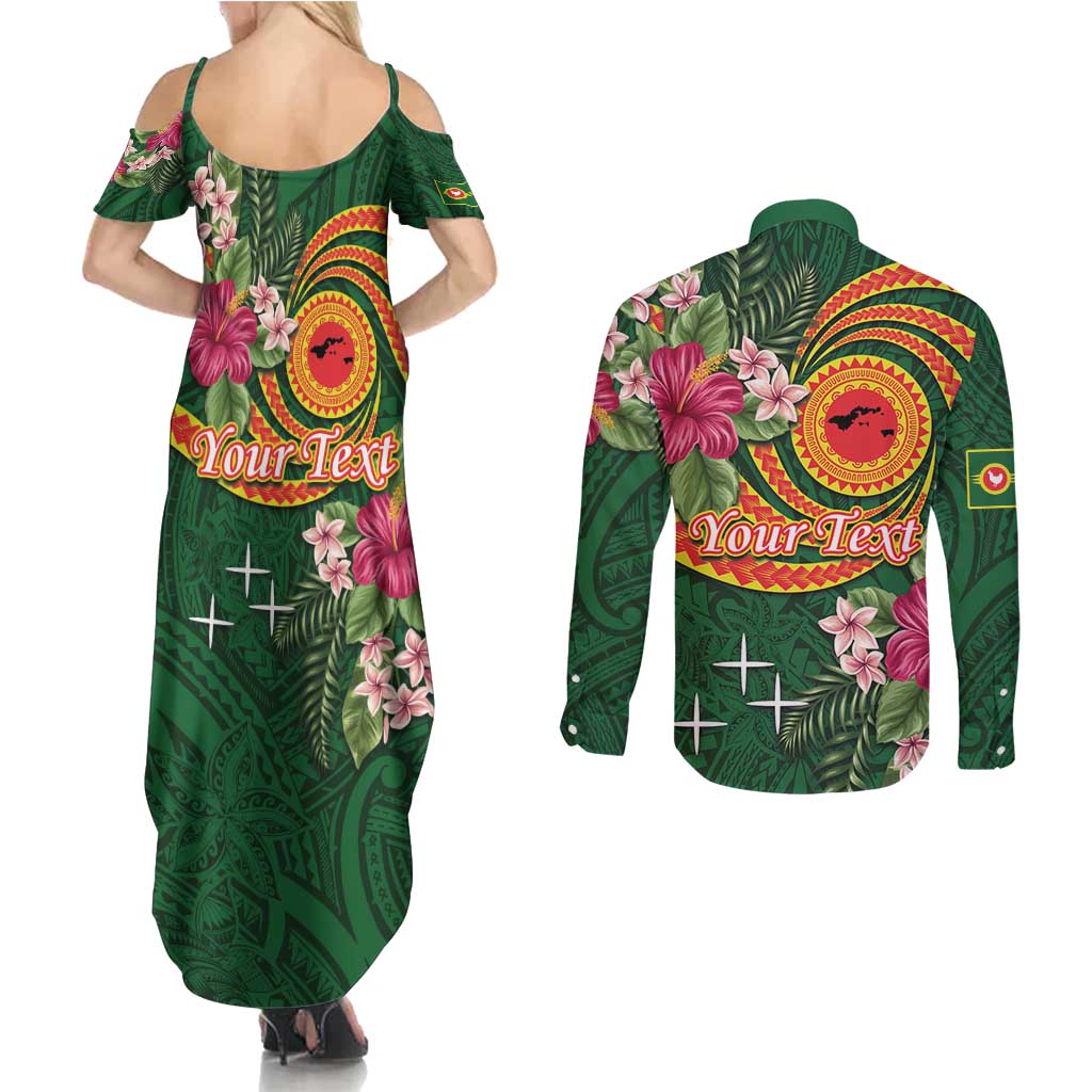 Personalised Manuʻa Islands Couples Matching Summer Maxi Dress and Long Sleeve Button Shirt Polynesian Art Tattoo Style and Tropical Plants LT03 - Polynesian Pride