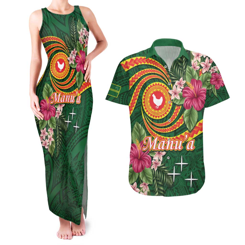 Personalised Manuʻa Islands Couples Matching Tank Maxi Dress and Hawaiian Shirt Polynesian Art Tattoo Style and Tropical Plants LT03 Green - Polynesian Pride