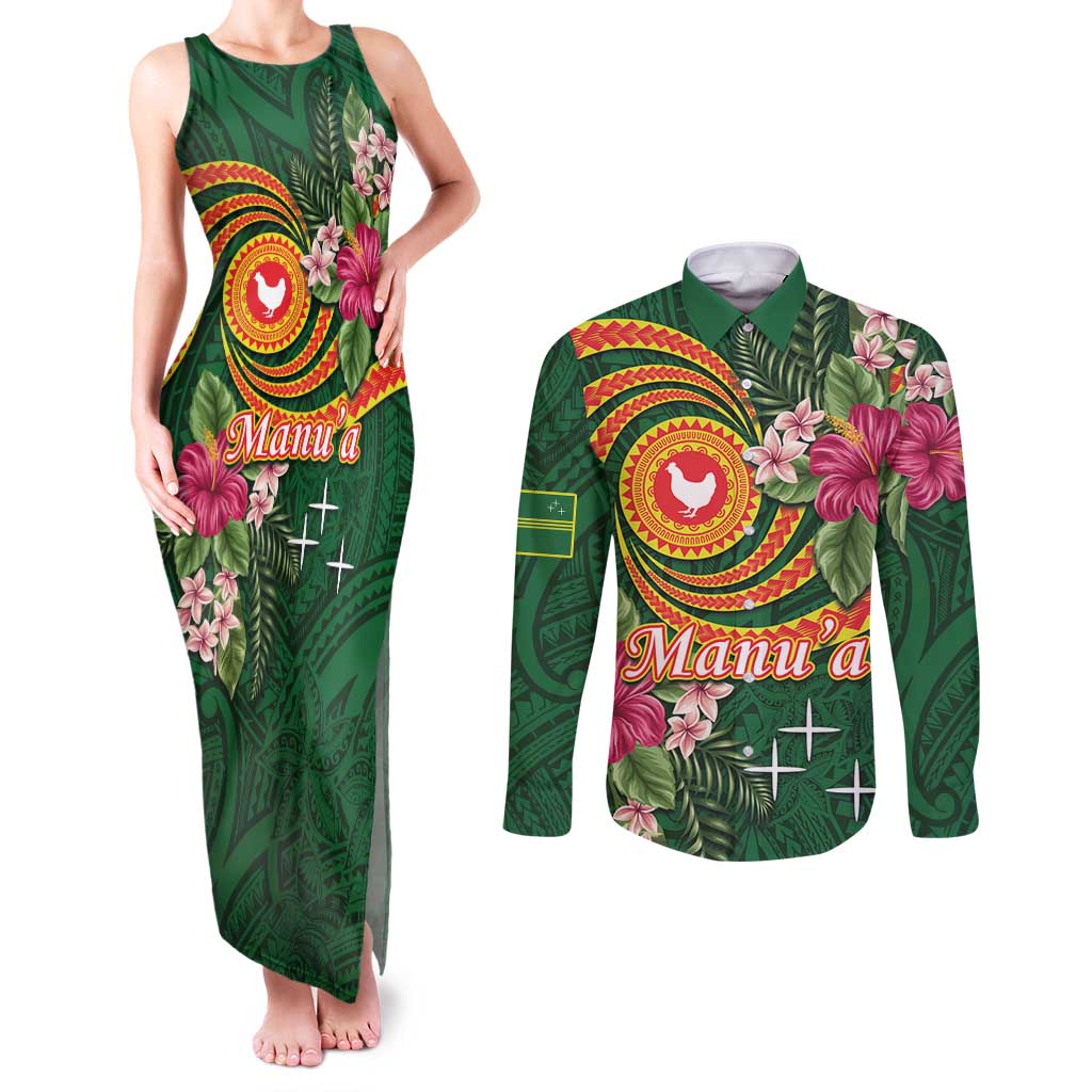 Personalised Manuʻa Islands Couples Matching Tank Maxi Dress and Long Sleeve Button Shirt Polynesian Art Tattoo Style and Tropical Plants LT03 Green - Polynesian Pride