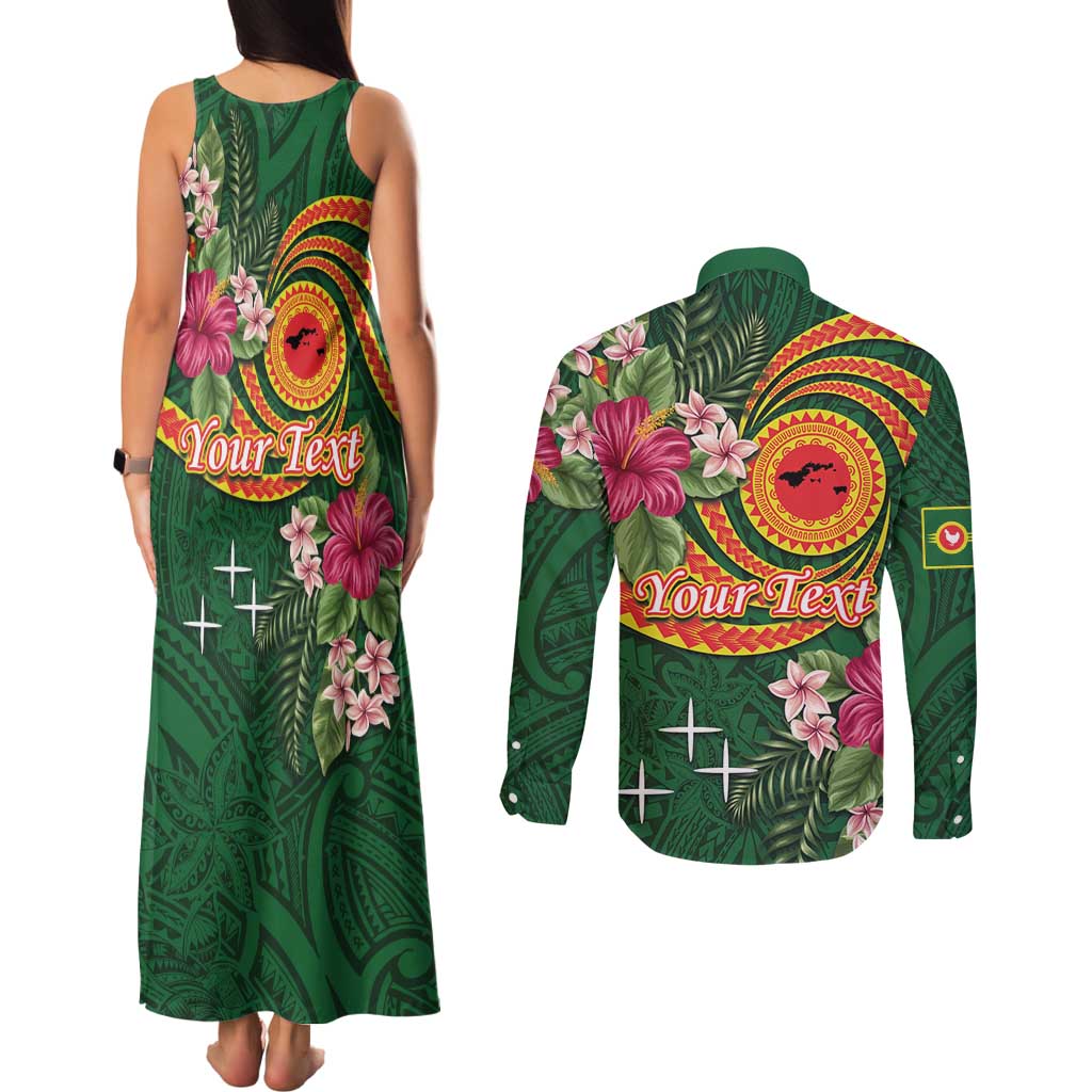 Personalised Manuʻa Islands Couples Matching Tank Maxi Dress and Long Sleeve Button Shirt Polynesian Art Tattoo Style and Tropical Plants LT03 - Polynesian Pride