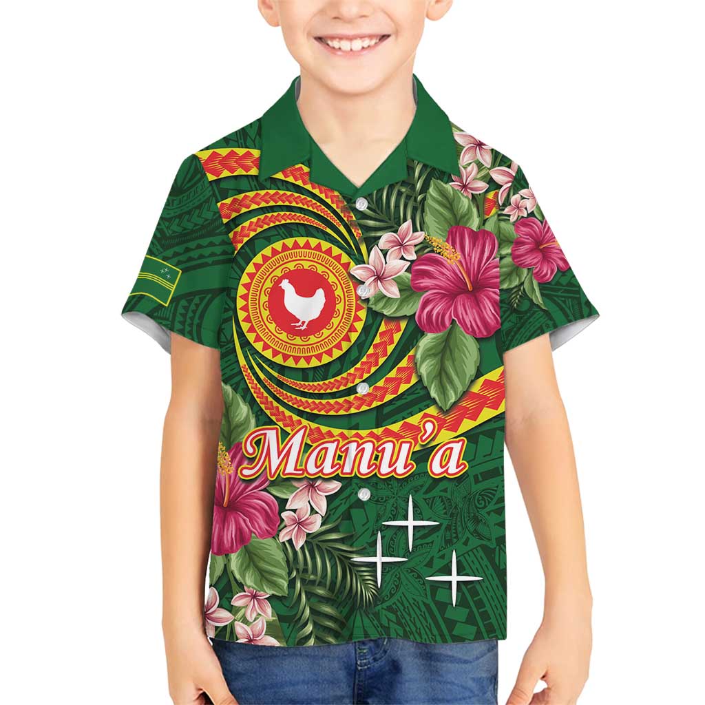 Personalised Manuʻa Islands Family Matching Long Sleeve Bodycon Dress and Hawaiian Shirt Polynesian Art Tattoo Style and Tropical Plants LT03 Son's Shirt Green - Polynesian Pride