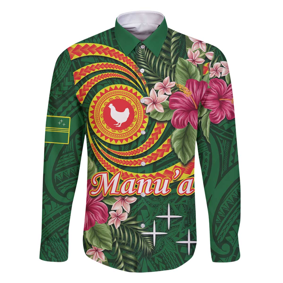 Personalised Manuʻa Islands Family Matching Off The Shoulder Long Sleeve Dress and Hawaiian Shirt Polynesian Art Tattoo Style and Tropical Plants LT03 Dad's Shirt - Long Sleeve Green - Polynesian Pride