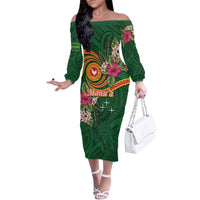 Personalised Manuʻa Islands Family Matching Off The Shoulder Long Sleeve Dress and Hawaiian Shirt Polynesian Art Tattoo Style and Tropical Plants LT03 Mom's Dress Green - Polynesian Pride