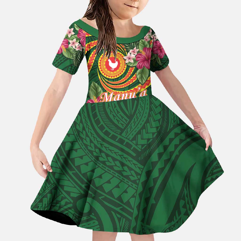 Personalised Manuʻa Islands Family Matching Off Shoulder Maxi Dress and Hawaiian Shirt Polynesian Art Tattoo Style and Tropical Plants LT03 Daughter's Dress Green - Polynesian Pride