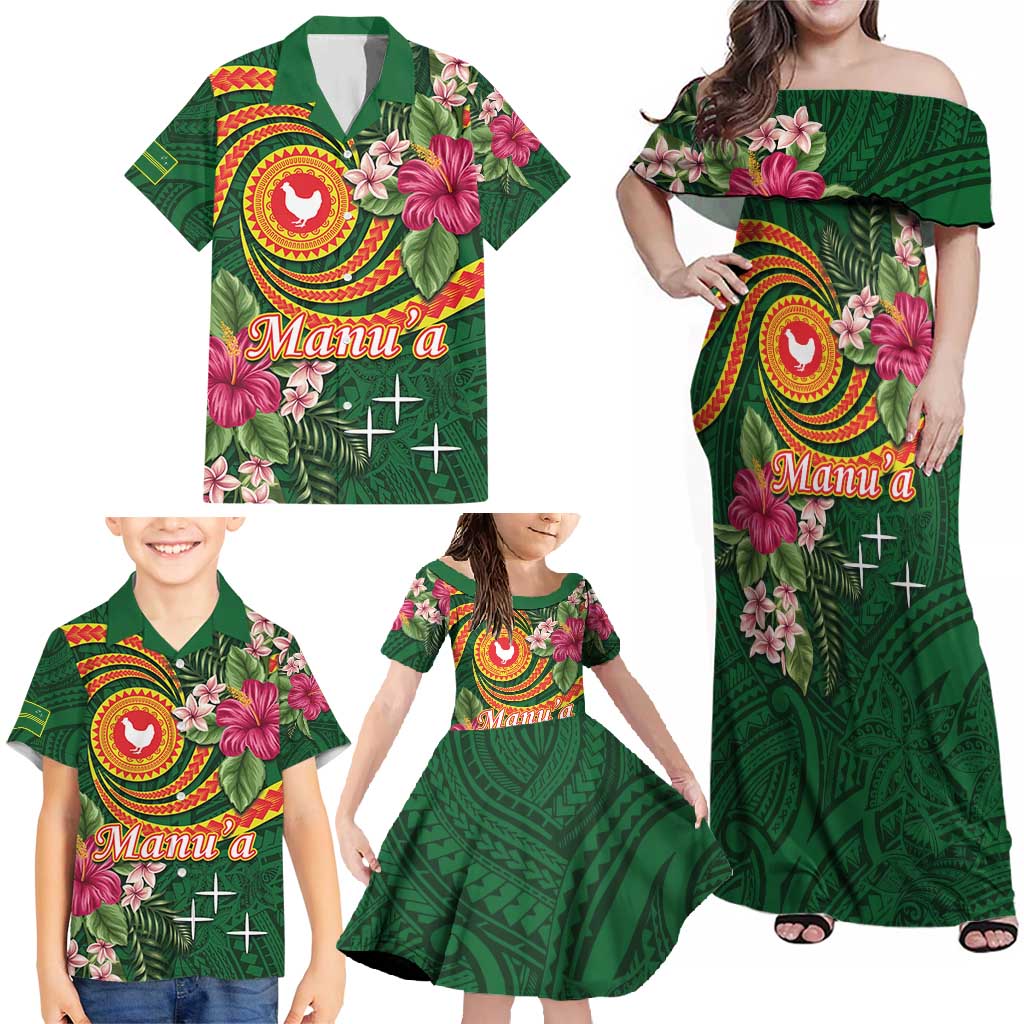 Personalised Manuʻa Islands Family Matching Off Shoulder Maxi Dress and Hawaiian Shirt Polynesian Art Tattoo Style and Tropical Plants LT03 - Polynesian Pride