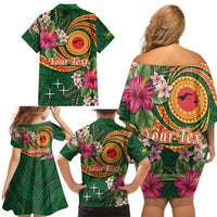 Personalised Manuʻa Islands Family Matching Off Shoulder Short Dress and Hawaiian Shirt Polynesian Art Tattoo Style and Tropical Plants LT03 - Polynesian Pride