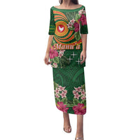 Personalised Manuʻa Islands Family Matching Puletasi and Hawaiian Shirt Polynesian Art Tattoo Style and Tropical Plants LT03 Mom's Dress Green - Polynesian Pride