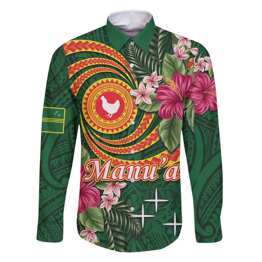 Personalised Manuʻa Islands Family Matching Tank Maxi Dress and Hawaiian Shirt Polynesian Art Tattoo Style and Tropical Plants LT03 Dad's Shirt - Long Sleeve Green - Polynesian Pride