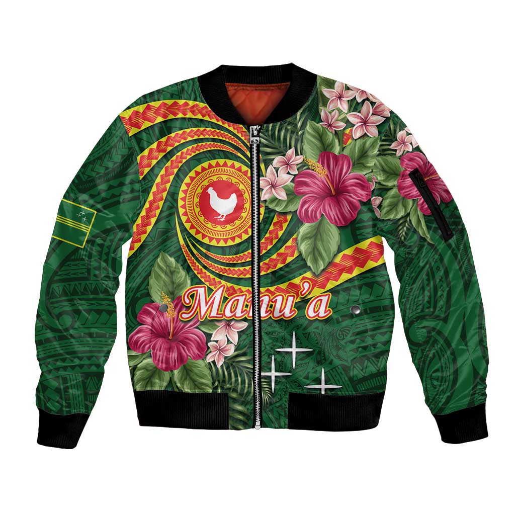 Personalised Manuʻa Islands Sleeve Zip Bomber Jacket Polynesian Art Tattoo Style and Tropical Plants LT03 Unisex Green - Polynesian Pride