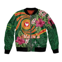Personalised Manuʻa Islands Sleeve Zip Bomber Jacket Polynesian Art Tattoo Style and Tropical Plants LT03 Unisex Green - Polynesian Pride