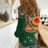 Personalised Manuʻa Islands Women Casual Shirt Polynesian Art Tattoo Style and Tropical Plants LT03 - Polynesian Pride