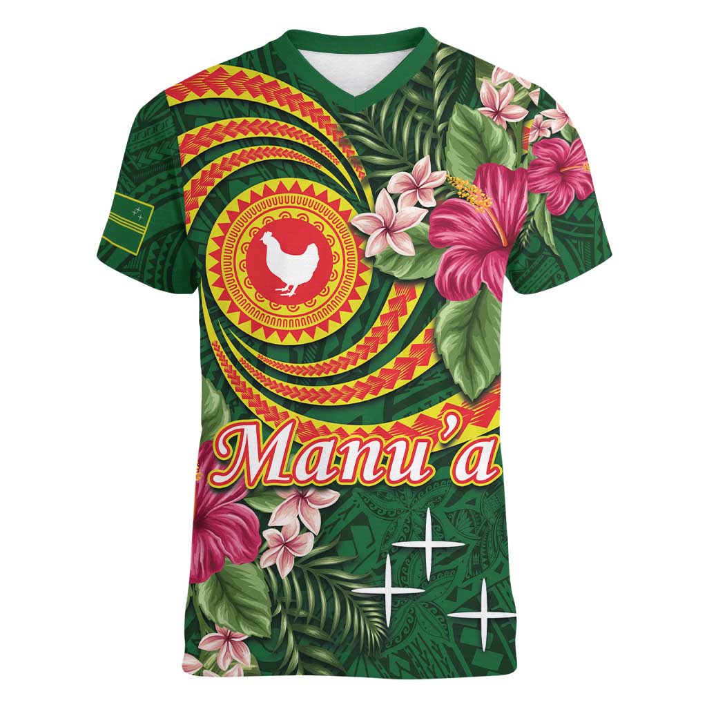 Personalised Manuʻa Islands Women V-Neck T-Shirt Polynesian Art Tattoo Style and Tropical Plants LT03 Female Green - Polynesian Pride
