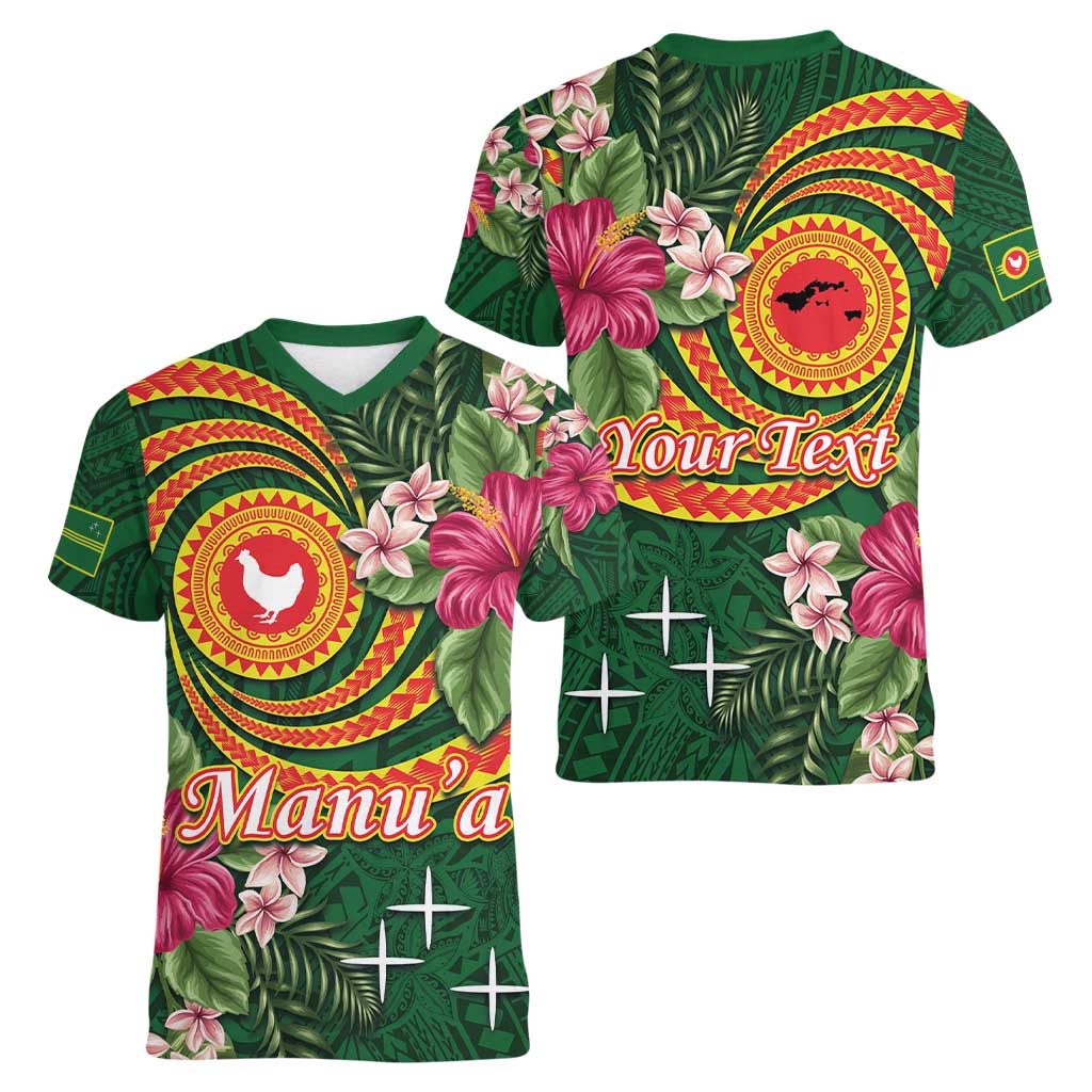 Personalised Manuʻa Islands Women V-Neck T-Shirt Polynesian Art Tattoo Style and Tropical Plants LT03 - Polynesian Pride