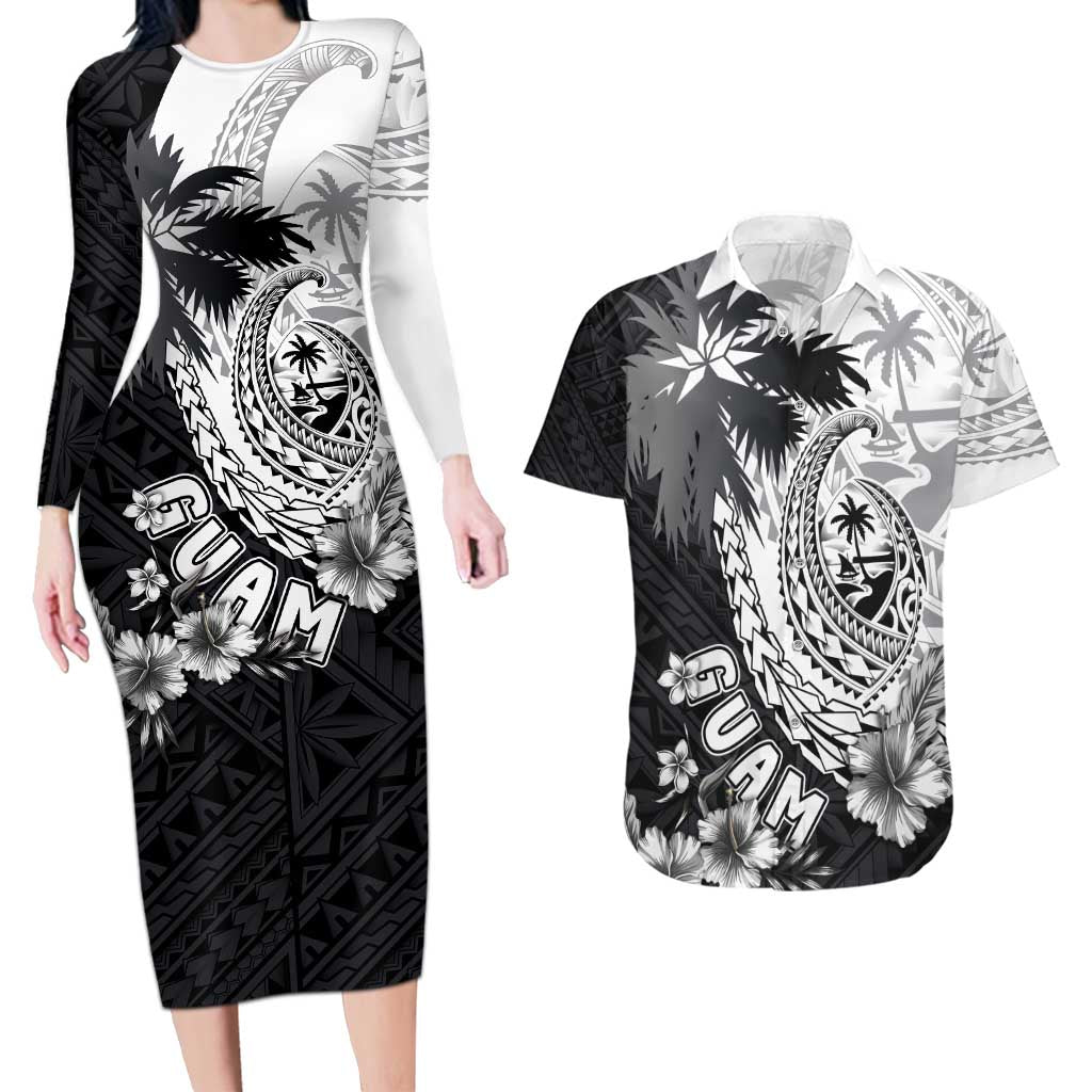 Hafa Adai Guam Couples Matching Long Sleeve Bodycon Dress and Hawaiian Shirt Polynesian Palm Tree Tattoo Hibiscus and Plumeria Art LT03 Black - Polynesian Pride
