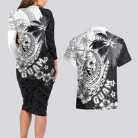 Hafa Adai Guam Couples Matching Long Sleeve Bodycon Dress and Hawaiian Shirt Polynesian Palm Tree Tattoo Hibiscus and Plumeria Art LT03 - Polynesian Pride