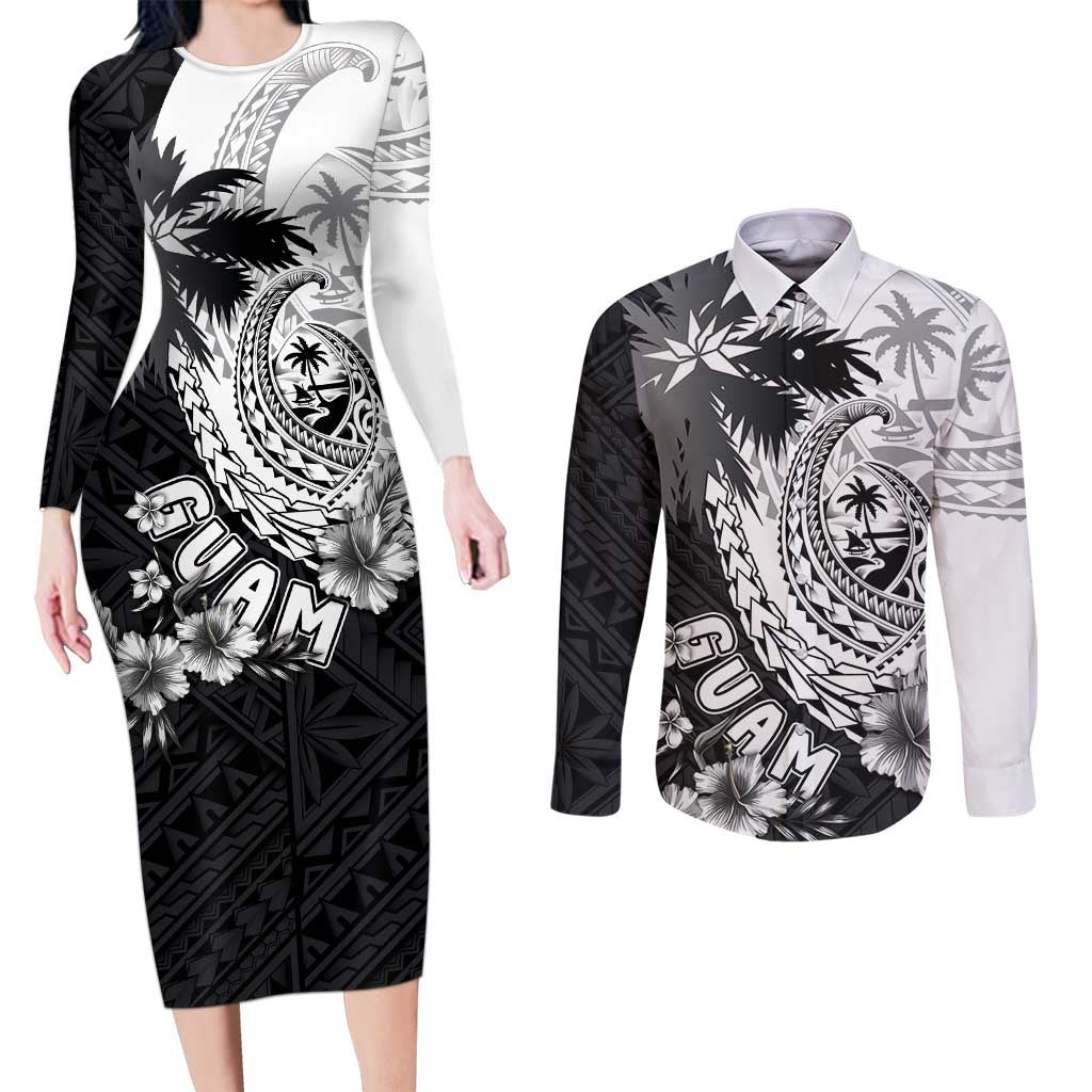 Hafa Adai Guam Couples Matching Long Sleeve Bodycon Dress and Long Sleeve Button Shirt Polynesian Palm Tree Tattoo Hibiscus and Plumeria Art LT03 Black - Polynesian Pride