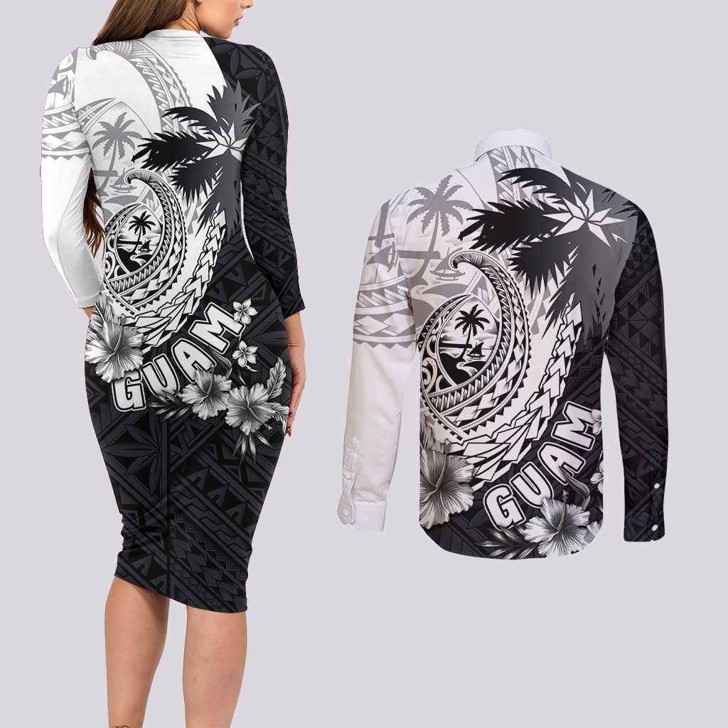 Hafa Adai Guam Couples Matching Long Sleeve Bodycon Dress and Long Sleeve Button Shirt Polynesian Palm Tree Tattoo Hibiscus and Plumeria Art LT03 - Polynesian Pride