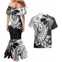 Hafa Adai Guam Couples Matching Mermaid Dress and Hawaiian Shirt Polynesian Palm Tree Tattoo Hibiscus and Plumeria Art LT03 - Polynesian Pride