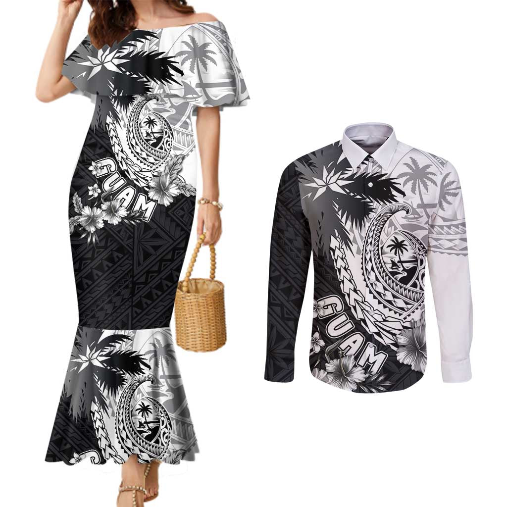 Hafa Adai Guam Couples Matching Mermaid Dress and Long Sleeve Button Shirt Polynesian Palm Tree Tattoo Hibiscus and Plumeria Art LT03 Black - Polynesian Pride
