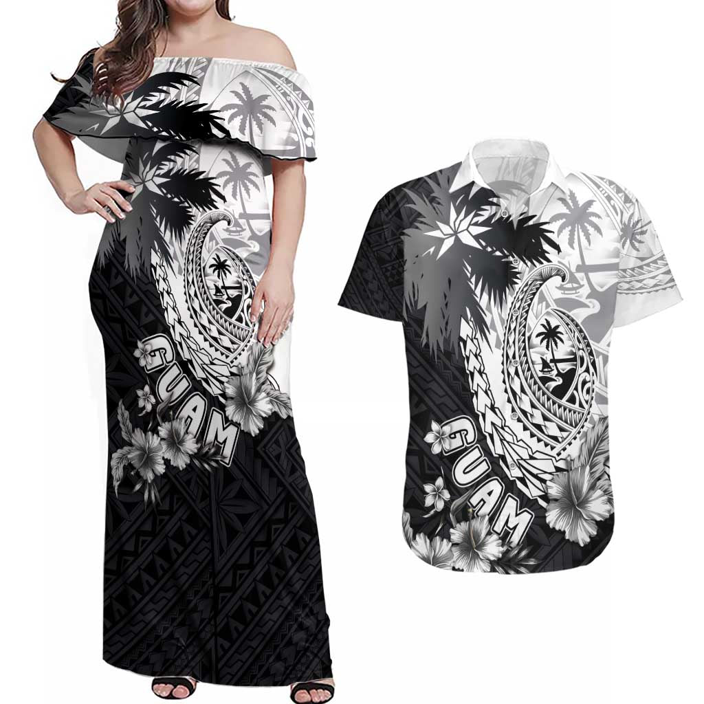 Hafa Adai Guam Couples Matching Off Shoulder Maxi Dress and Hawaiian Shirt Polynesian Palm Tree Tattoo Hibiscus and Plumeria Art LT03 Black - Polynesian Pride